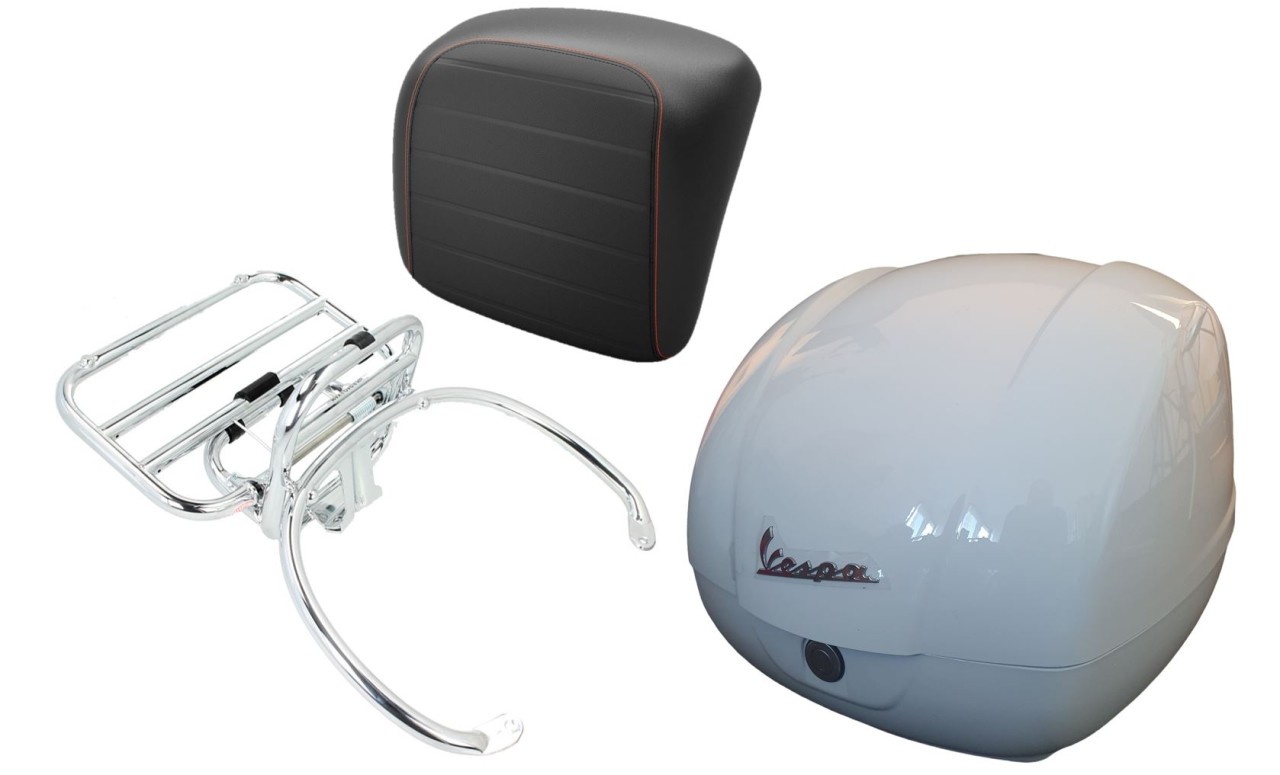 Topcase Kit 36L weiß, Gepäckträger chrom, Rückenpolster schwarz mit orangener Naht für Vespa GTS