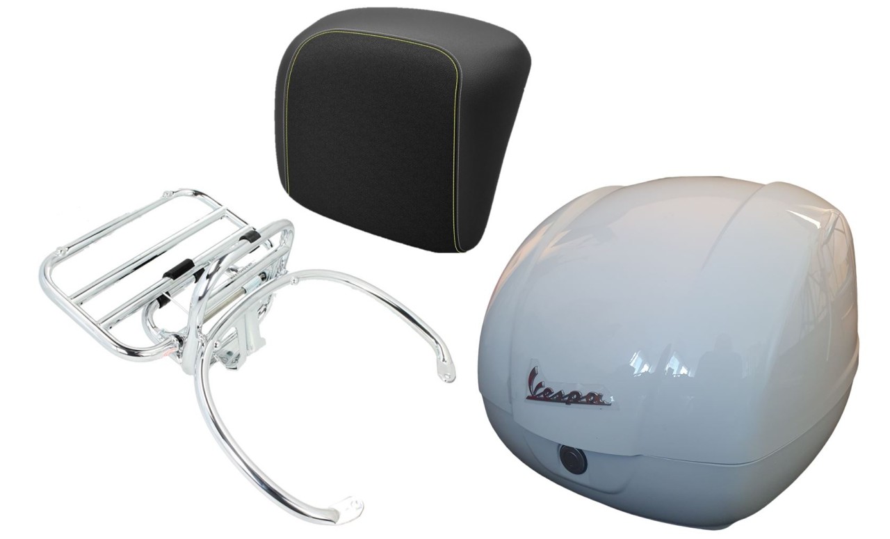 Topcase Kit 36L weiß (B04), Gepäckträger chrom, Rückenpolster schwarz mit gelber Naht für Vespa GTS