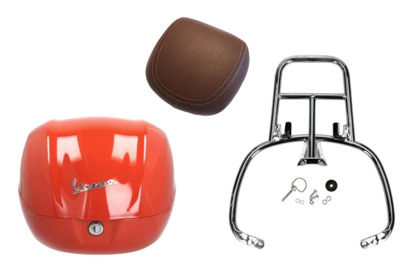 Topcase Kit 32L orange impulsivo (A11), Rückenpolster dunkelbraun, Gepäckträger chrom für Primavera