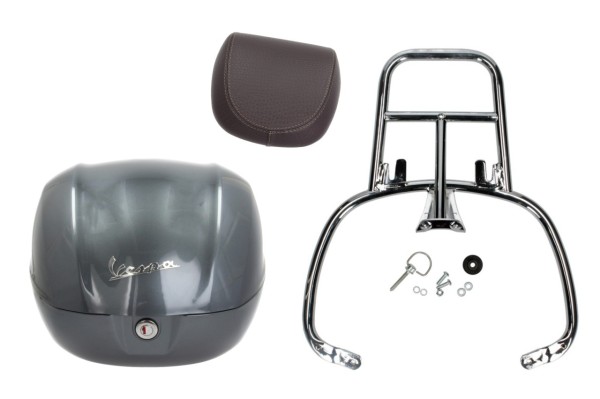 Topcase Kit 32L titan grey (G03), Rückenpolster braun, Gepäckträger chrom für Primavera