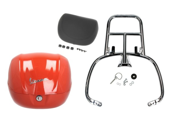 Topcase Kit 32L orange impulsivo (A11), Rückenpolster schwarz, Gepäckträger chrom für Primavera