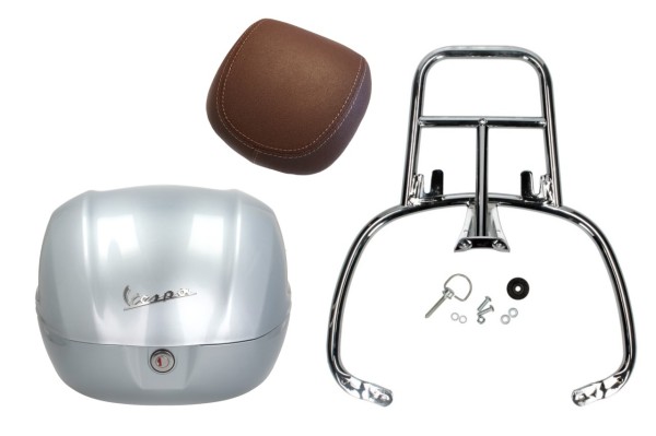 Topcase Kit 32L metallic grey lucido, Rückenpolster dunkelbraun, Gepäckträger chrom für Primavera