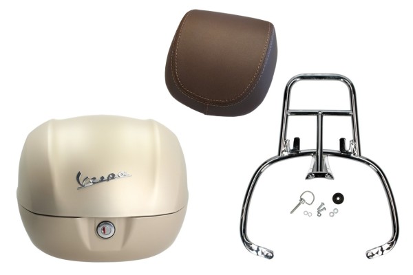 Topcase Kit 32L beige unico matt opaco, Rückenpolster braun, Gepäckträger chrom für Primavera
