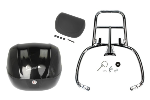 Topcase Kit 32L nero cosmo (98/A), Rückenpolster schwarz, Gepäckträger chrom für Vespa Primavera